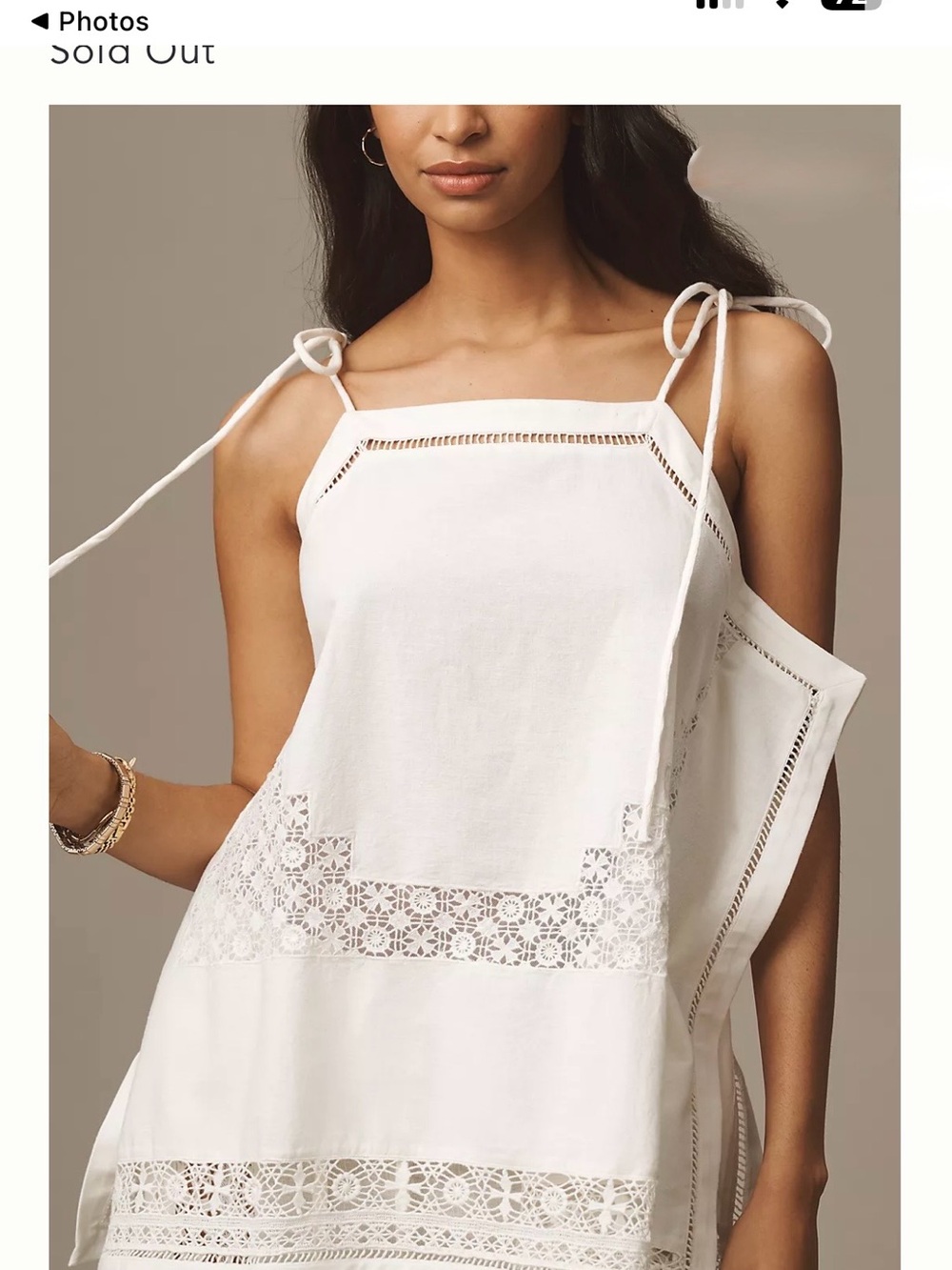 Like New Anthropologie White Tie-Strap Linen Hanky Cutwork Lace Tank Sz XL
